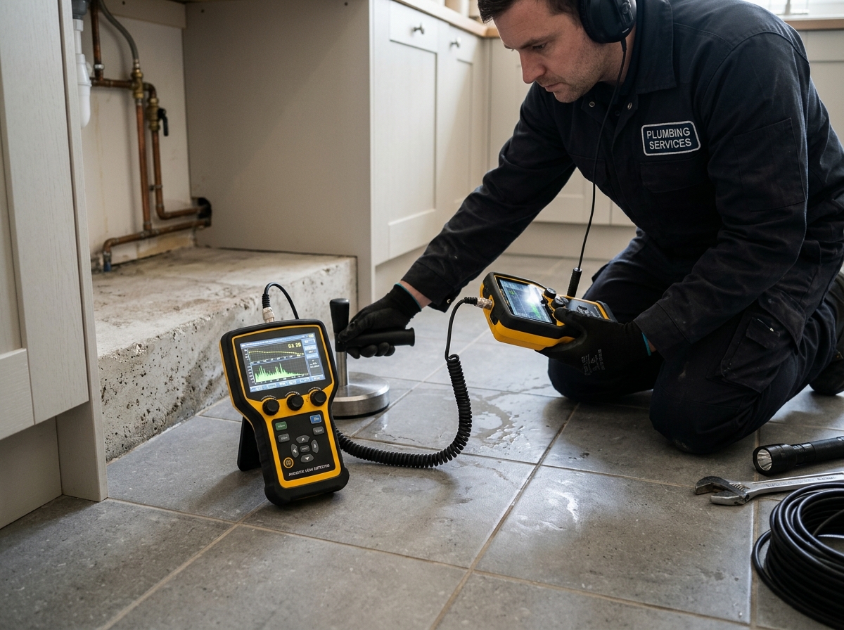 Acoustic ground sensor detecting water pipe leak under concrete foundation in Conroe TX