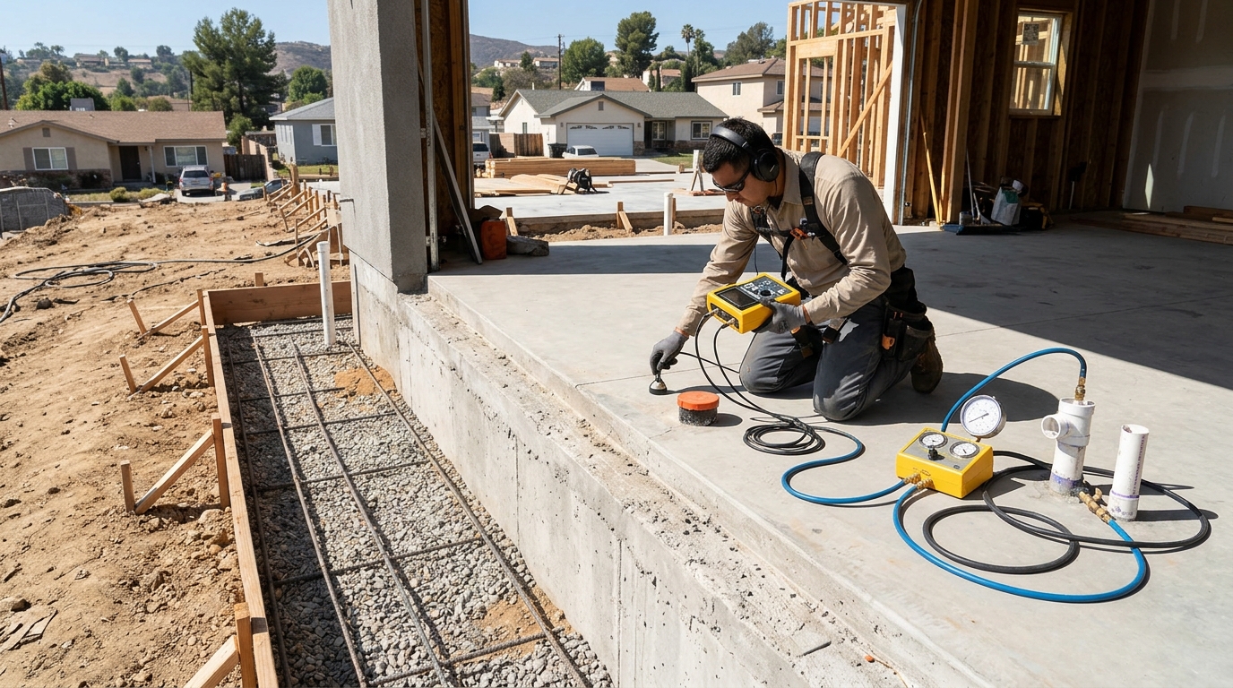 Plumbing technician testing concrete foundation for slab leak repair in Conroe TX